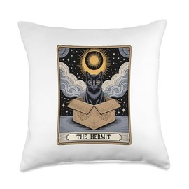 The Hermit Tarot Card Mystic Cat In Box Funny Cat Throw Pillow