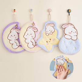 FEISHIONG 4pcs Hanging Hand Towels with Hanging Loops for Kitchen Bathroom,Children's Bathroom Hand Towels,Hand Towels with Cute Design,Highly Absorbent Coral Fleece Practical Towel