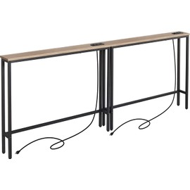 ELYKEN 2 Pack 5.9" Narrow Console Sofa Table with Power Outlets, 5.9" Dx39.4 Wx31.1 H Long Couch Table with Metal Frame and Charge Station with 6.5’ Extension Cord, White Oak