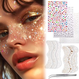 Auiremrti Glitter Freckles Tattoo Set, 3 Sheets Glitter Stones Face + 6 Sheets Festival Freckles Tattoo, Face Tattoo Set for Adults, Includes Tweezers