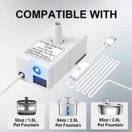 Cat Water Fountain Pump for 50oz, 84oz, 95oz Fountain, Ultra Quiet Pump with USB Cable, LED Light and 6 Packs Pet Fountain Filters set