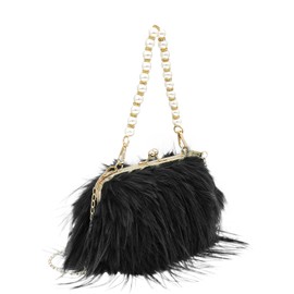 COOLOYA Women's Fuzzy Pearl Chain Strap Clutch Purses Fringe Decor Fashion Handbag Evening Wedding Crossbody Bag Black One-Size