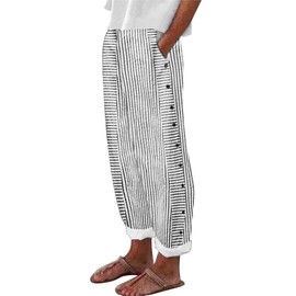 KKONION Women's Linen Pants Gauze Pant : Baggy Sweatpants Side Button Trousers Casual Comfy Work Pantsuit with Pocket White