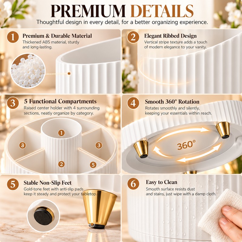 360° Rotating Makeup Organizer for Vanity, 5-Compartment Cosmetic Storage Holder