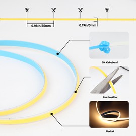 Yamlten 5 V COB LED Strip 4000 K Middium White with Switch, 320 LEDs/M Dimmable LED Strip for TV Backlight, Computer, Cabinet, Bedroom DIY LED Strip 1.5 m (Power Supply Excludes)
