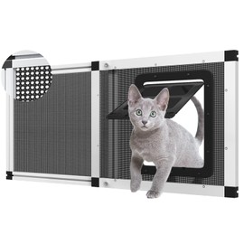 Ventilated Pet Door for Window 28.5"-32.5" Wide Adjustable, White Aluminum Frame + Stainless Steel Mesh | Breathable Bug-Proof | 4-Way Lock Magnetic Closure Cat Window Door,Cat Door for Window Insert