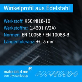 thyssenkrupp Stainless Steel Angle 20 x 10 x 3 mm in 1000 mm Length | Angle Profile Stainless Steel V2A Angle Steel L Profile | Material: 1.4301