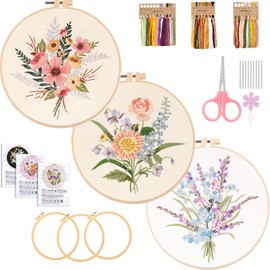 TourKing Embroidery Kits for Adults,3 Sets Embroidery Kit Flower,Full Range of Embroidery Starter Kit with 3 Patterns 3 Hoops Embroidery Floss,Needles and Instructions