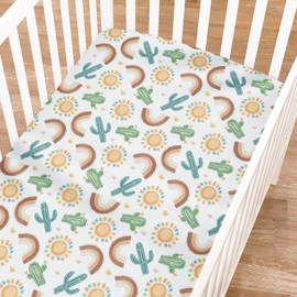 Boho Western Desert Fitted Baby Crib Sheets for Girl Boy 52"x28" Green Cactus Rainbow Sun Soft Breathable Snug Fitted Crib Mattress Covers Baby Sheets for Standard Crib and Toddler Bed Mattresses