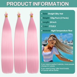 Locescsoc 24 Inch Bone Straight Braiding Hair 150g 3 Packs Straight Hair Extensions, Ariel Straight Hair Bundles, Silky Soft Synthetic Hair for Women (Pink#)