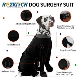 ROZKITCH Dog Recovery Suit for Abdominal Wounds & Post-Surgery, Full Coverage Bodysuit, Anti-Licking Shedding & Wound Protection, E-Collar Alternative for Extra Large Dogs Black 4XL