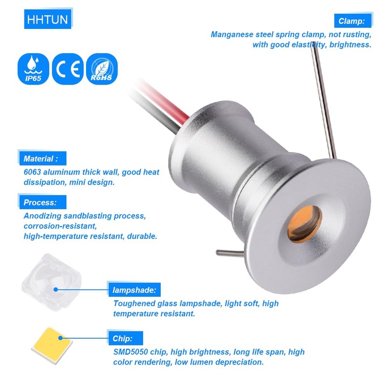 HHTUN Mini Downlight DC12V 1W 5000K 9Pack Silver Shell,Used for