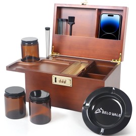 Premium Bamboo Storage Box, Upgraded Piano Coating Surface Decorative Box with Combination Lock, Brown Wooden Box Kit with Sliding-Tray, Metal Plate, Alright Jars and Accessories for Great Gift.