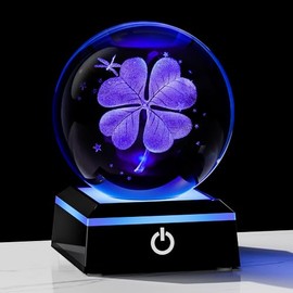 3D Four Leaf Clover 80mm Crystal Ball Good Luck Gifts Ideas with Multicolor Lighting Base - Irish Gifts Decor