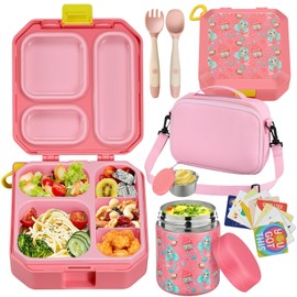 wiwens Bento Lunch Box for Kids with 12oz Soup Thermo Leak-Proof Lunch Food Container with 5 Compartment Thermo Hot Food Jar and Insulated Lunch Bag for Kid Toddler Girls Boys to School