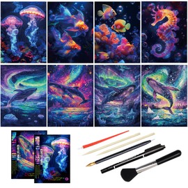 Scratch Art Adult DIY Paint by Scratch Rainbow Scratch Paper Art Colorful Sketches Scratch with 5 Scratch Tool for DIY Craft Gift（Ocean World）