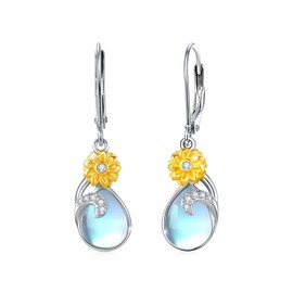 YEESIA Daisy Earrings 925 Sterling Silver Moonstone Earrings Sunflower Flower Floral Leverback Zircon Teardrop Earrings Daisy Flower Moonstone Jewelry for Women Girls, Sterling Silver, Moonstone