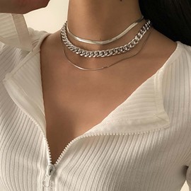 Inateannal Boho Layered Choker Necklace Chunky Cuban Chain Necklace Gold Herringbone Choker Necklace Cuban Link Curb Necklace Round Snake Necklace Chain Multilayer Punk Necklace, Zinc, No Gemstone
