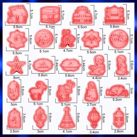 24 Pcs Eid Mubarak Cookie Cutter Set Ramadan Cookie Cutter Stamp 3D Plastic Plunger Stamp Islamic Muslim Cookie Cutter Pink Baking Ramadan Gift Mosque Moon Embossed Fondant Mold Camel Biscuit Cutters