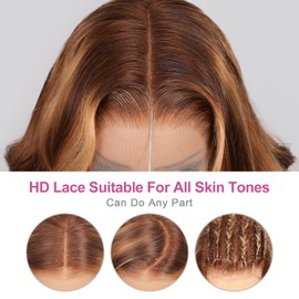 Smilenice 210% Density 13x6 Highlight Ombre Full Lace Frontal Wigs Human Hair 12A Body Wave Brazilian Human Hair Pre Plucked 4/27 Honey Blonde HD Glueless Transparent Lace with Baby Hair 28 Inch