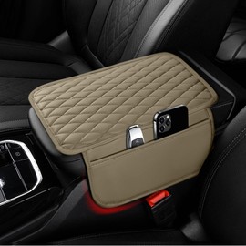 Car Center Console Cover, Upgraded Microfiber Leather Car Arm Rest Cover with 2 Storage Bags, Universal Armrest Cover for Car Storage Box Car Interior Accessories Protector for Most Vehicle-Beige