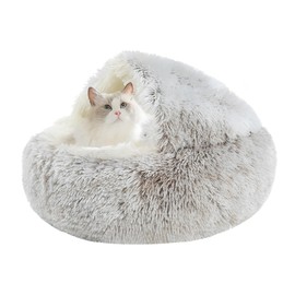 Cat Bed Round Soft Plush Burrowing Cave Hooded Cat Bed Donut for Dogs & Cats, Faux Fur Cuddler Round Comfortable Self Warming pet Bed