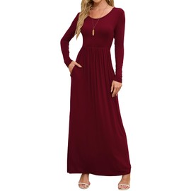 DEARCASE Maxi Dress for Women Burgundy Large Crewneck Long Sleeves Wedding Guest A-line Plain Casual Empire Waist Flowy Party Vintage Spring Fall Winter Floor Dresses with Pocket