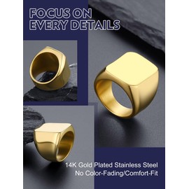 Bandmax Stainless Steel Mens 14K Gold Signet Rings Chunky Heavy Big Metal Rings Size 13 for Men Cool Silver Biker Rings Cocktail Rings Gift for Father's Day