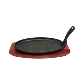 TrueCraftware- 3 Piece Set Oval Cast Iron Sizzle Platter 10-4/7" x 6-2/3" x 1"- Sizzler Plates Skillet Set Fajita Plate Fajita Pan With Wooden Base Perfect for Meats Steak Fish And Vegetables