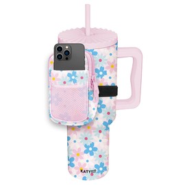 KATYDID Tumbler Zipper Pouch and Phone Holder with 3 Pockets - Compact Water Bottle Pouch for Wallet, Keys, and Phone - Premium Tumbler Accessories (Dainty Florals Pink)