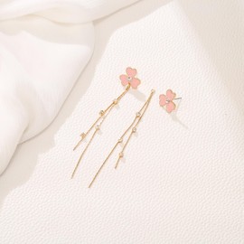 EleQueen Gold-Tone Pink Enamel Lucky Shamrock Earrings for Women, Crystal Drop Long Tassel Chain Clover Stud Dangle Earrings Jewelry Gift for St Patricks Day