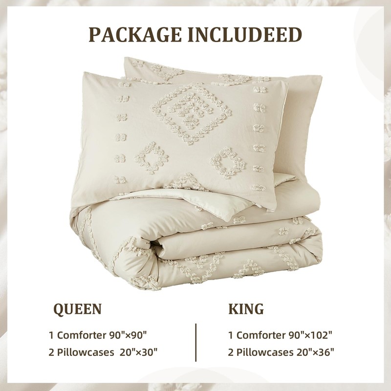 Dinjoy Boho Comforter Set Queen,Cream/Beige Shabby Chic Bedding Set 3