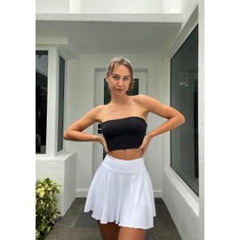 OQQ Women 2 Piece Skirts 2 in 1 Flowy Basic Versatile Stretchy Flared Casual Mini Skirts Blakc White