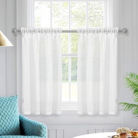 Deconovo Cortinas de cocina mezcladas de lino, cortinas semitransparentes con bolsillo para barra, filtrando la luz, para baño, blanco, 26 de ancho x 45 de largo, 2 paneles