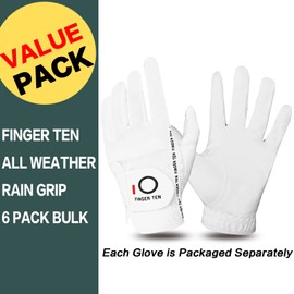 FINGER TEN Golf Gloves Men Right Left Handed Golfer Mens Glove RainGrip Hot Wet Weather Value 6 Pack, All Weather in White Medium/Large (White, Medium/Large, Left)