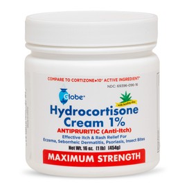 Globe Hydrocortisone Maximum Strength Cream 1% w/Aloe, 16 oz, Anti-Itch Cream for Redness, Swelling, Itching, Rash, Bug/Mosquito Bites, Eczema, Hemorrhoids & More, 16 oz Jar