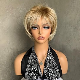 CGVG Women's Natural Short Curly Wig Women Short Hair Wig Layered Fluffy Short Wig Synthetic Heat Resistant Synthetic Hair Daily Use Party Carnival (Blonde-267)