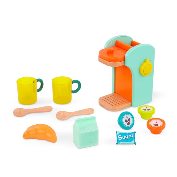 B. toys- Café au Play- Pretend Play Wooden Coffee Maker for Kids- Wooden Coffee Machine Set – 10 Pretend Play Accessories – Kitchen Play Set – 2 Years +