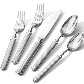 KINGSTONE Retro Rope-Pattern Silverware Set, 20-Piece Flatware Set Cutlery Set Forged with Handcrafted Texture Handles 18/10 Stainless Steel, Dishwasher Safe