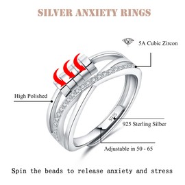Kamise Silver Anxiety Ring, 925 Sterling Silver Anxiety Women's Rings, Open Adjustable Anti-Stress Ring, Decompression Rings, Unisex Infinity Fidget Spinner Ring, Mood Ring, stone, Pearl, zirconia