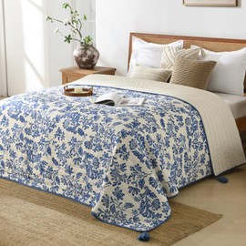 Ultra Soft Pre-Washed Quilted Throw Blanket, Floral Printed Tassels Fringed Blue and White Decorative Throws, Chic Rustic Blanket for Sofa Couch Bed Chair, 90"x 90"