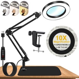 10X Magnifying Glass with Light and Stand, Dimmer Adjustable Swing Arm 2-in-1 Desk Lamp and Clamp, LED Lighted Desk Magnifier with Light for Craft Reading Repair Painting Close Work