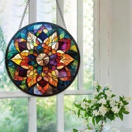 Mandara Stained Glass Window Hangings with Chain – Acrylic Flower of North India Ornament for Garden, Patio and Indoor Decor, Christmas, Birthday, Mother's Day and Housewarming Gift for Women, Grandma