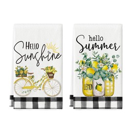 Artoid Mode Hello Sunshine Bike Lemons Summer Kitchen Towels Dish Towels, 18x26 Inch Farmhouse Summer Decoration Hand Towels Set of 2