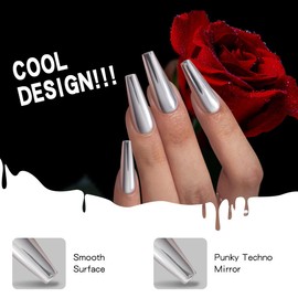 Yivaiks Silver Mirror Press on Nails Square Metallic Punk Rhinestones Acrylic Nails Press On Fake Nails with Glue on Mirror Nails Manicure Set For Women 24 PCS