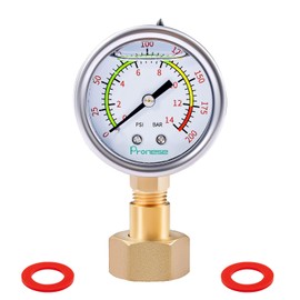 Pronese Stainless Steel Water Test Pressure Gauge Set 2" Dial Size, Lower Mount with Liquid Filled 0~200PSI(Color Coded), 3/4" GHT with Red Washer