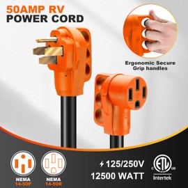 Ficstar 25FT 50 Amp RV/Generator Extension Cord Outdoor with Grip Handle,125/250V,12500W, 4 Prong,Heavy Duty 6/3+8/1 Gauge STW,NEMA 14-50P to 14-50R with LED Power Indicator & Polarity Lamp,ETL Listed