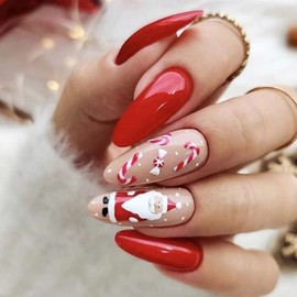 Uranian Christmas Fake Nails Almond Medium Press on Nails Red Glossy False Nails with Designs Candy Cane Glue on Nails for Xmas Full Cover Acrylic Stick on Nails for Women and Girls (24pcs) (Pattern-H)