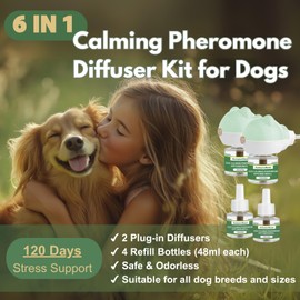 Dog Pheromone Diffuser Kit, Pet Diffuser for Stress Support, Reduces Stress and Promotes Relaxed Behavior, 2 Plug-in + 4 Packs Refill, 120 Day Supply (Non-Toxic, Safe & Inedible), Diffuser with Light