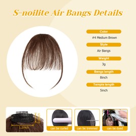S-noilite Clip In Fringe Real Human Hair Air Bangs Hair Hairpiece Clip on Wispy Bangs with Temples for Women 3g(#4 Medium Brown)